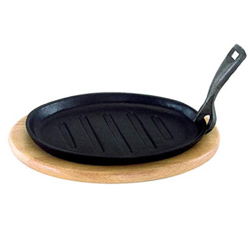 BBQ Grill Pan Hierro Fundido Filete Fajita Sizzling Disco con soporte de madera